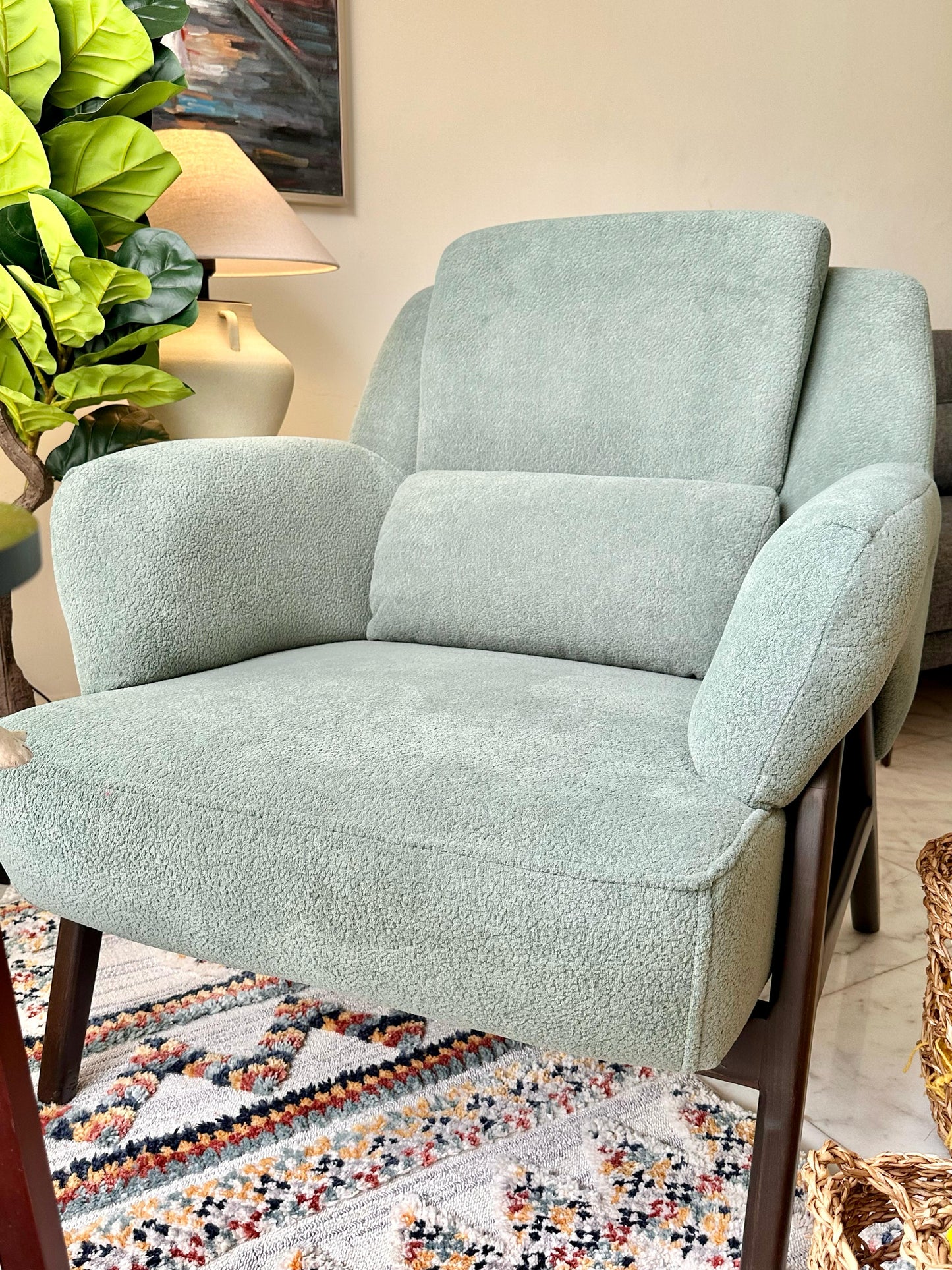 Mint Green Armchair – Soft Bouclé Texture & Dark Wooden Frame