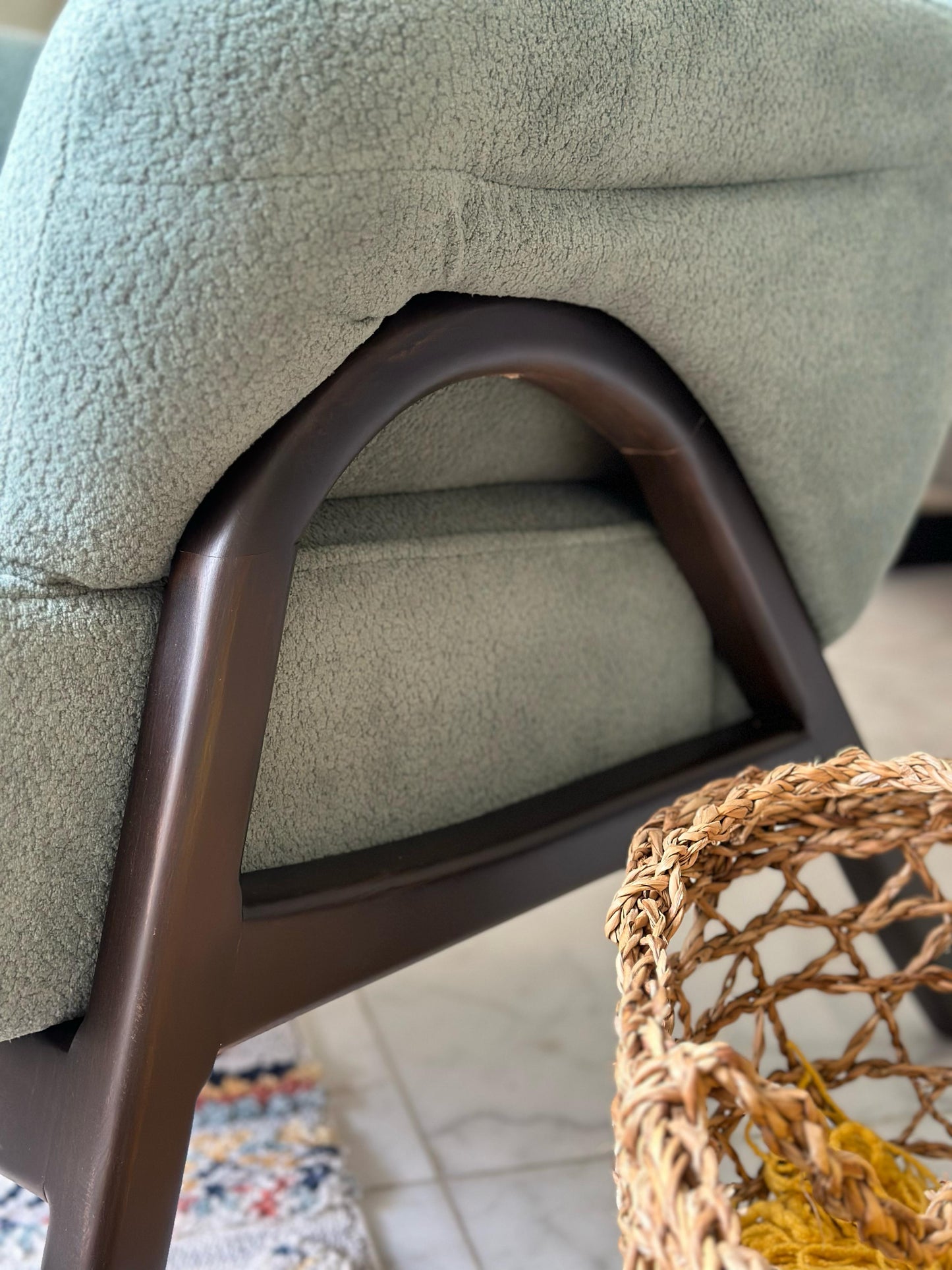 Mint Green Armchair – Soft Bouclé Texture & Dark Wooden Frame