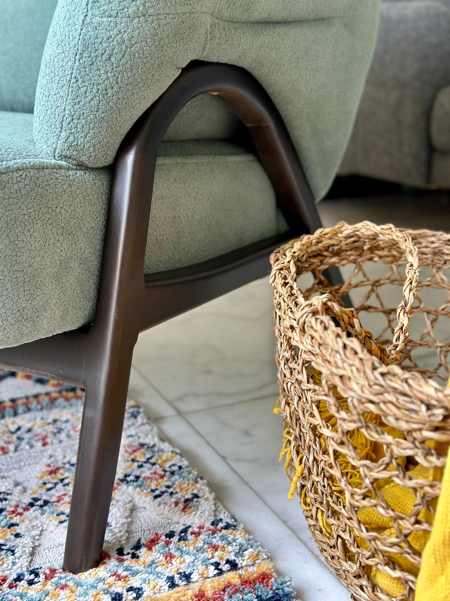 Mint Green Armchair – Soft Bouclé Texture & Dark Wooden Frame