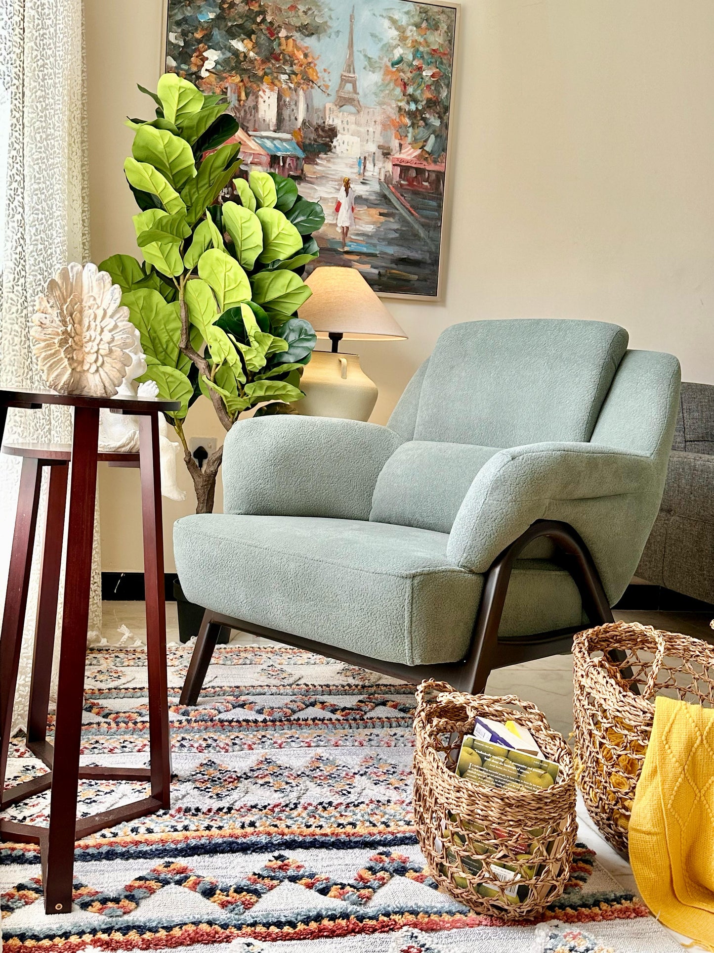 Mint Green Armchair – Soft Bouclé Texture & Dark Wooden Frame