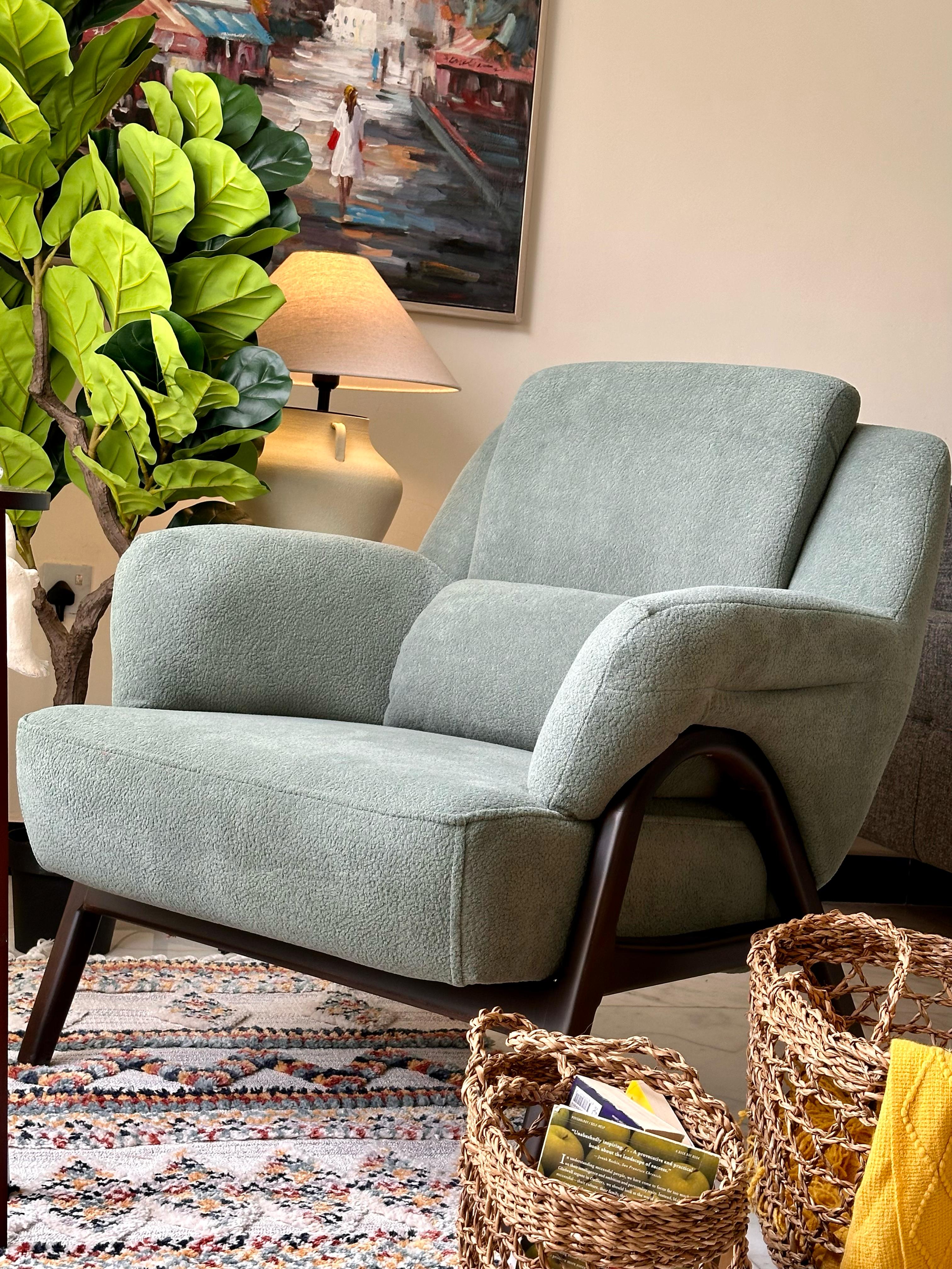 Mint Green Armchair – Soft Bouclé Texture & Dark Wooden Frame