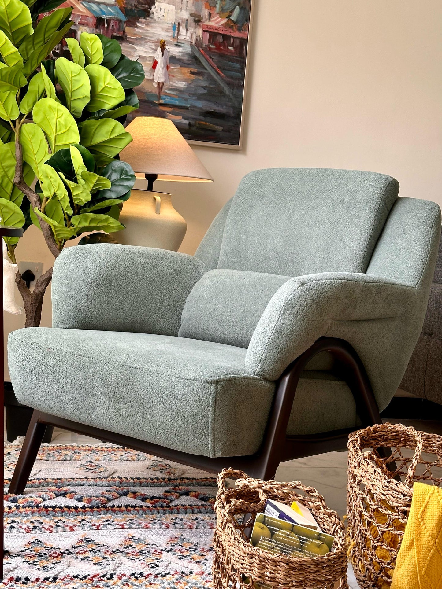 Mint Green Armchair – Soft Bouclé Texture & Dark Wooden Frame