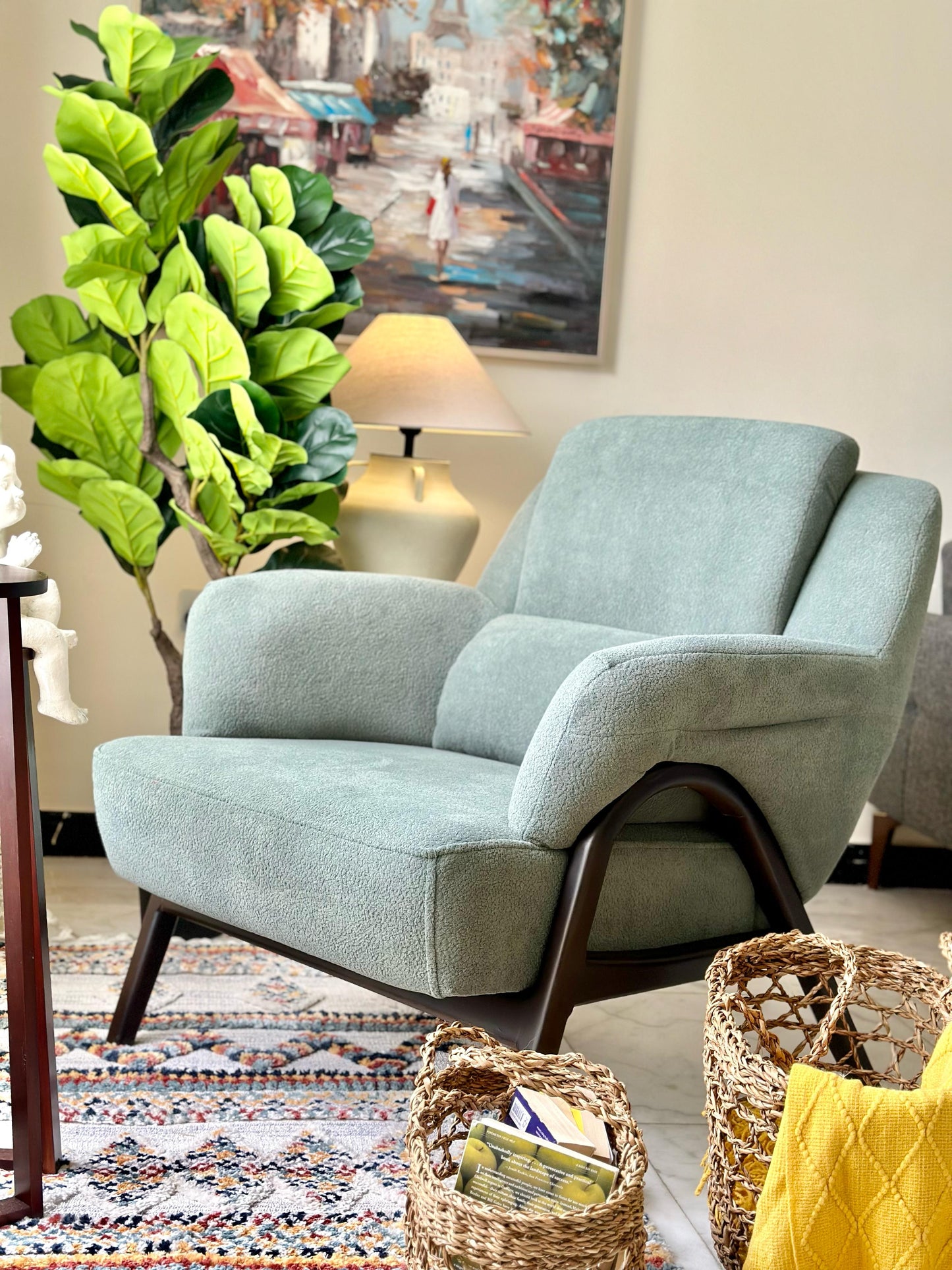 Mint Green Armchair – Soft Bouclé Texture & Dark Wooden Frame