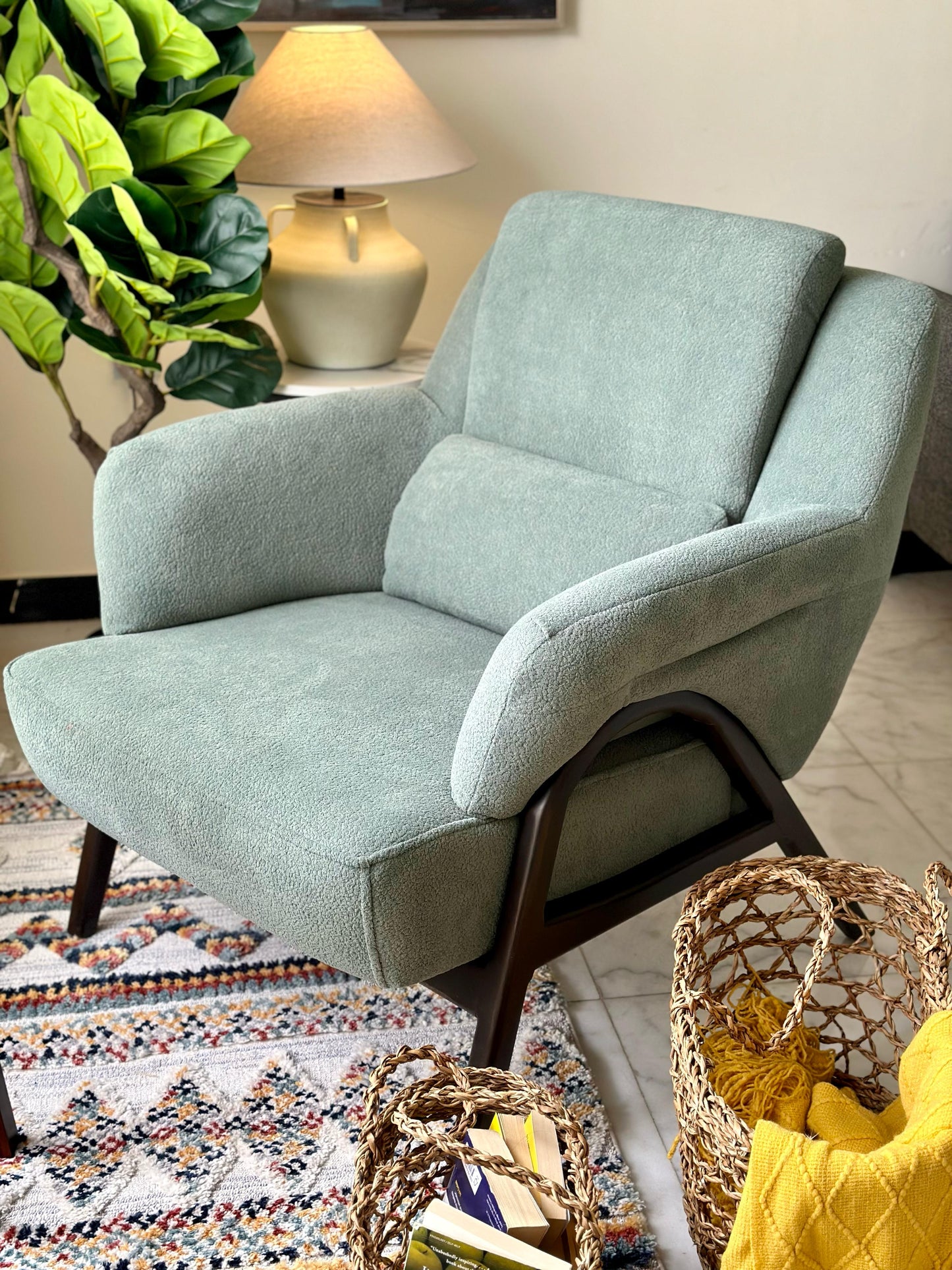 Mint Green Armchair – Soft Bouclé Texture & Dark Wooden Frame