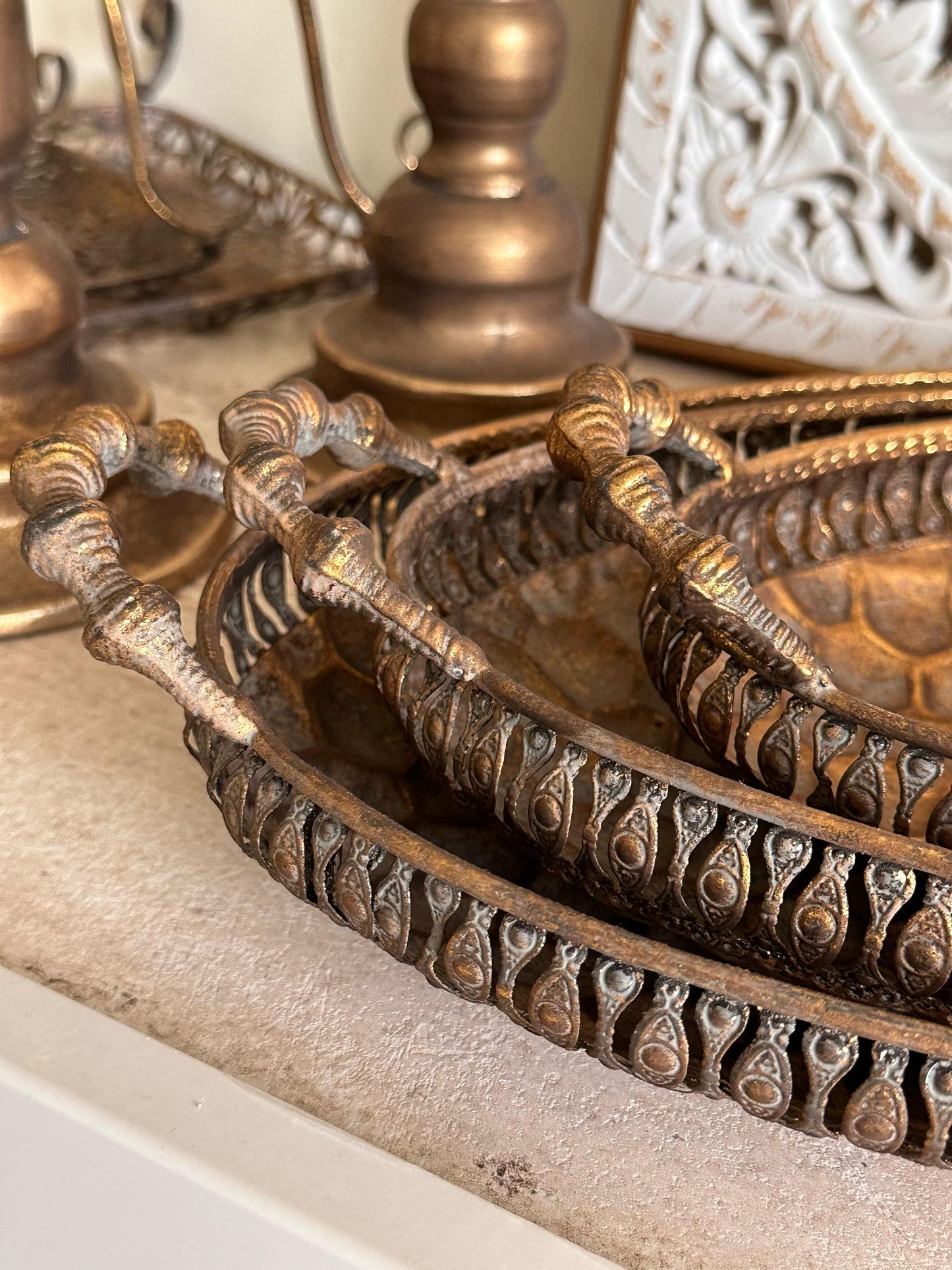 Vintage Bronze-Style Metal Tray Set – 3 Sizes