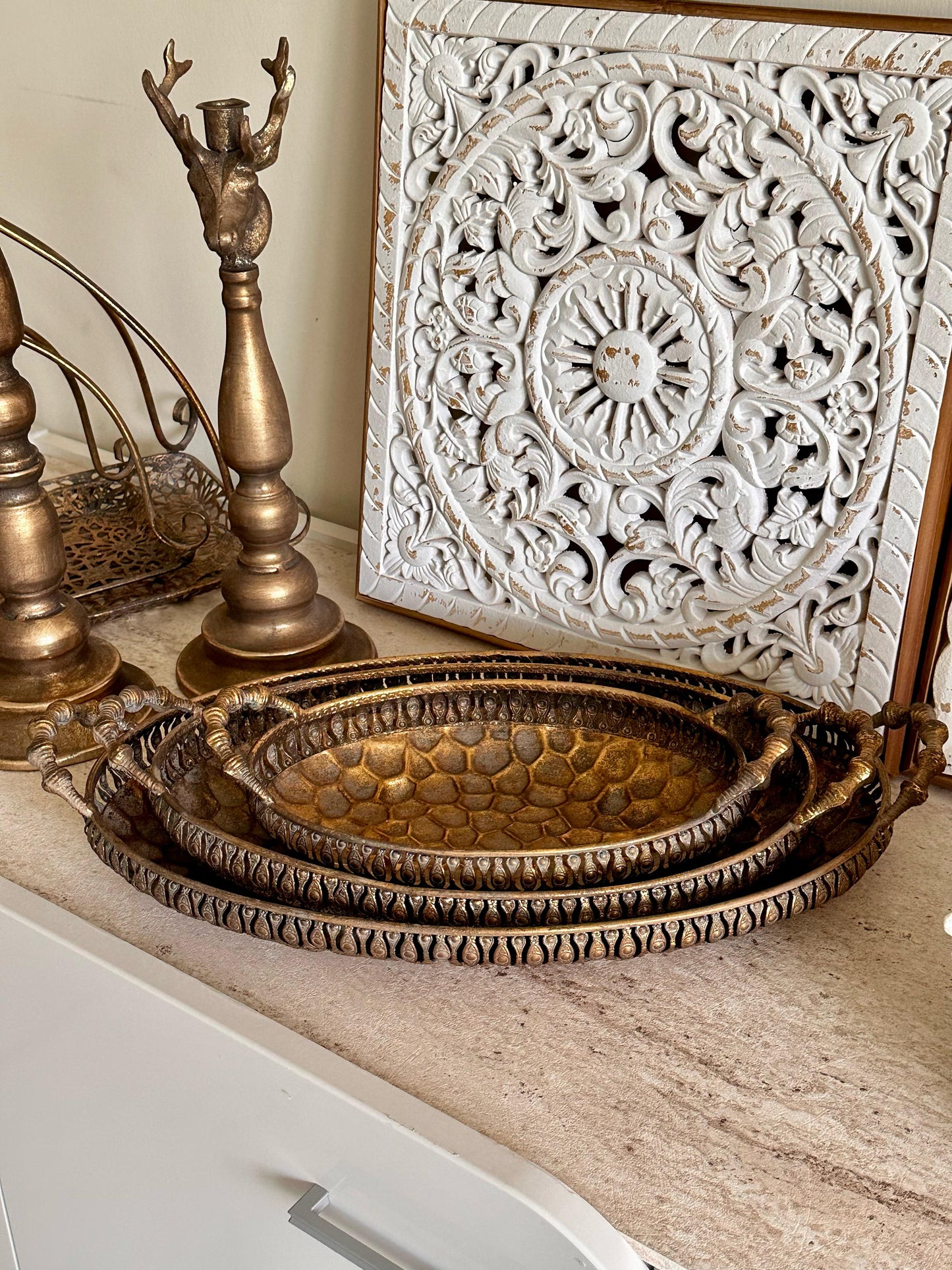 Vintage Bronze-Style Metal Tray Set – 3 Sizes