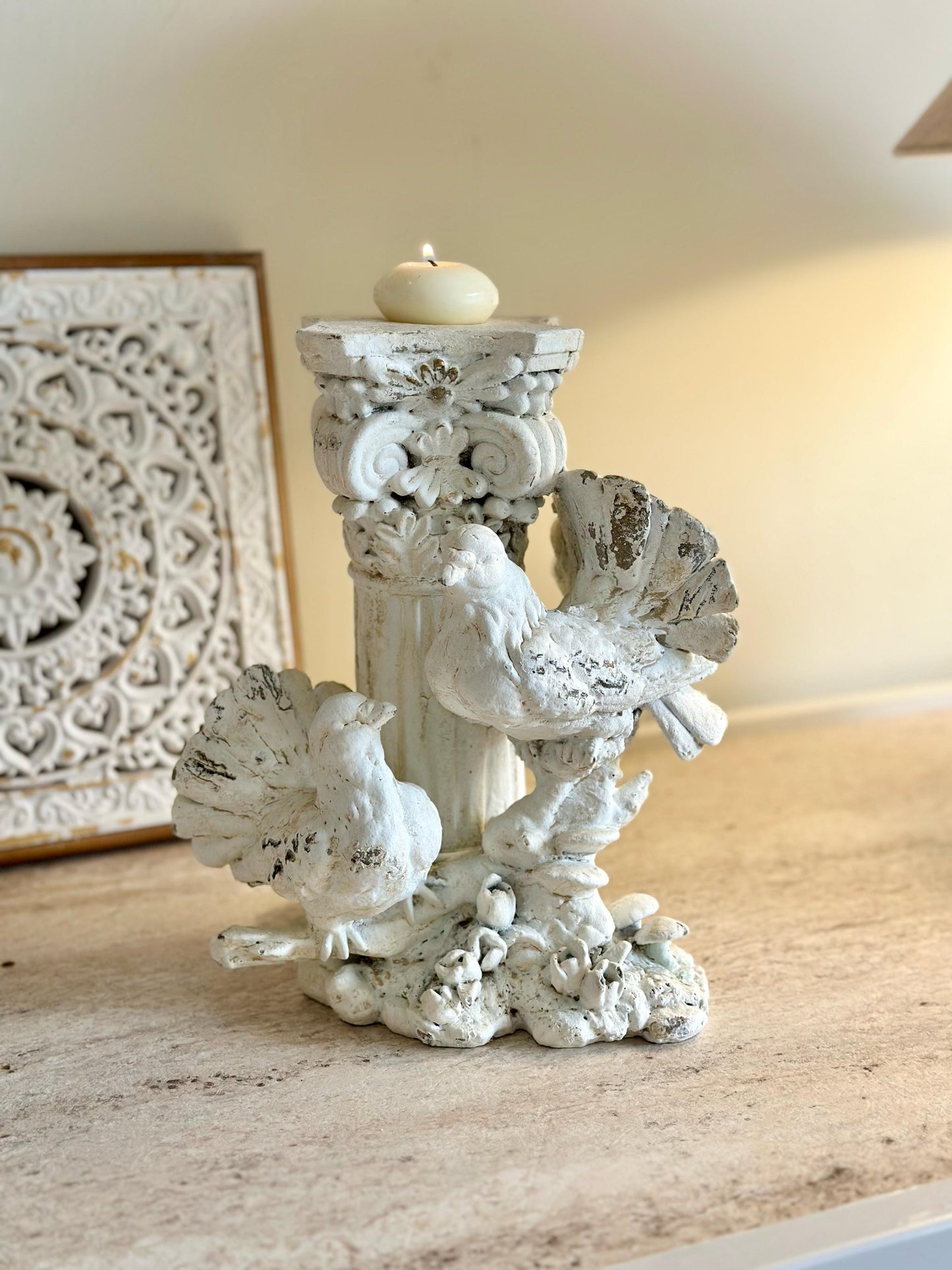 Vintage White Candle Holder with Doves – Ornate Pedestal Design