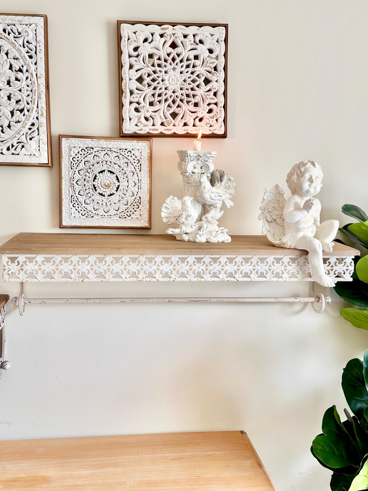 Set of 3 Hand-Carved Wall Panels – Antique White on Natural Wood Wall Art CODE 3406