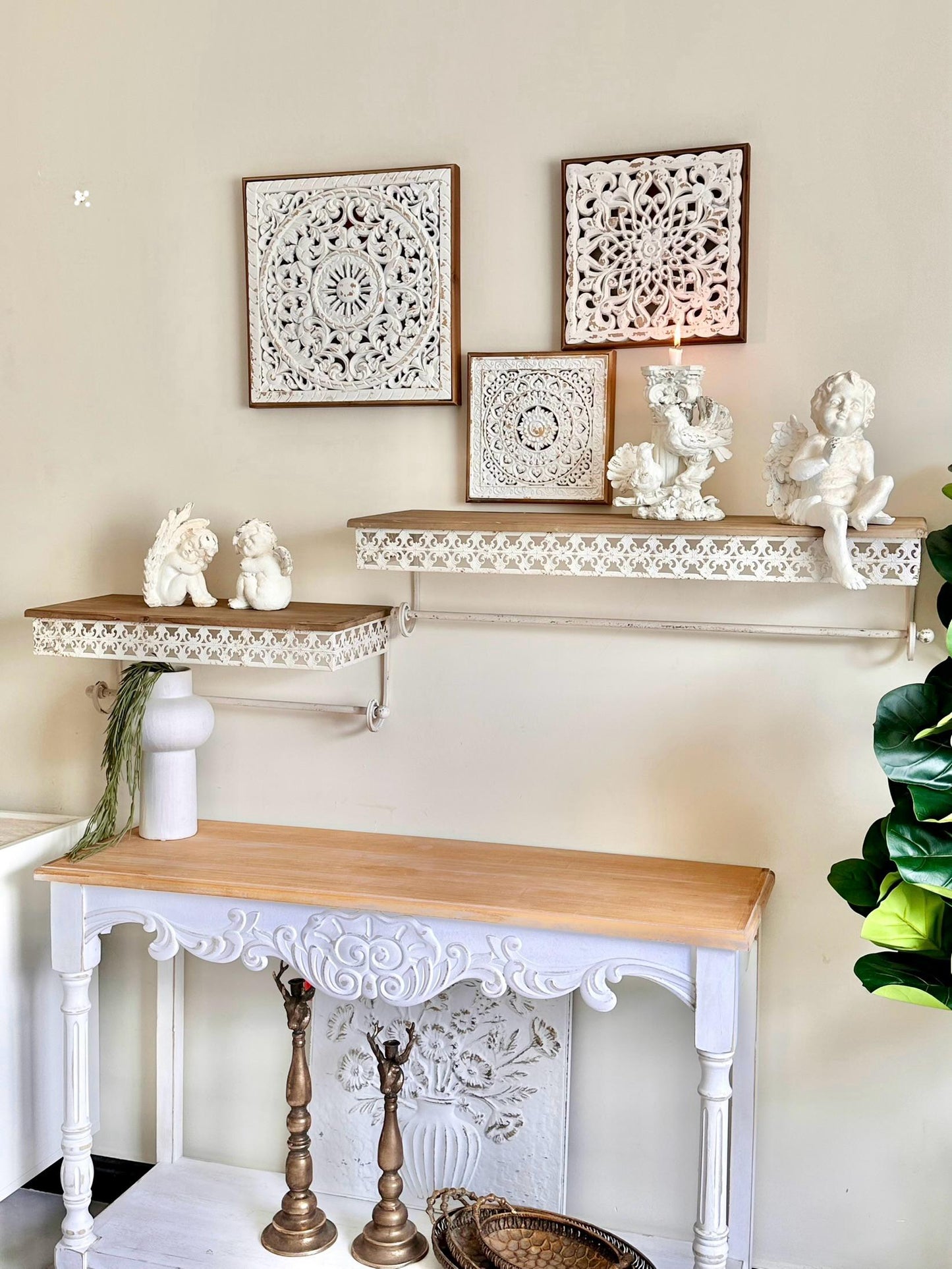 Set of 3 Hand-Carved Wall Panels – Antique White on Natural Wood Wall Art CODE 3406
