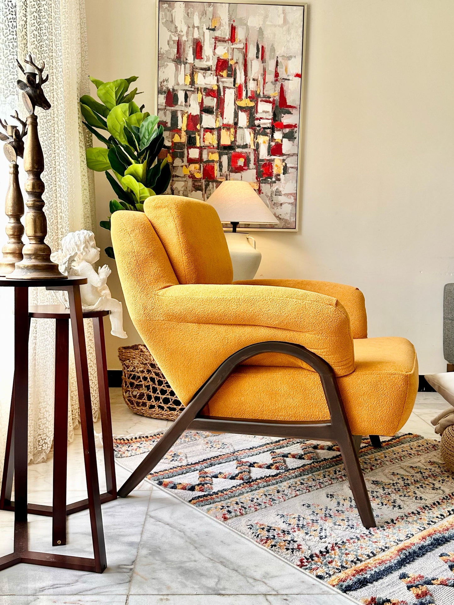 Modern Mustard Armchair with Dark Brown Wooden Legs