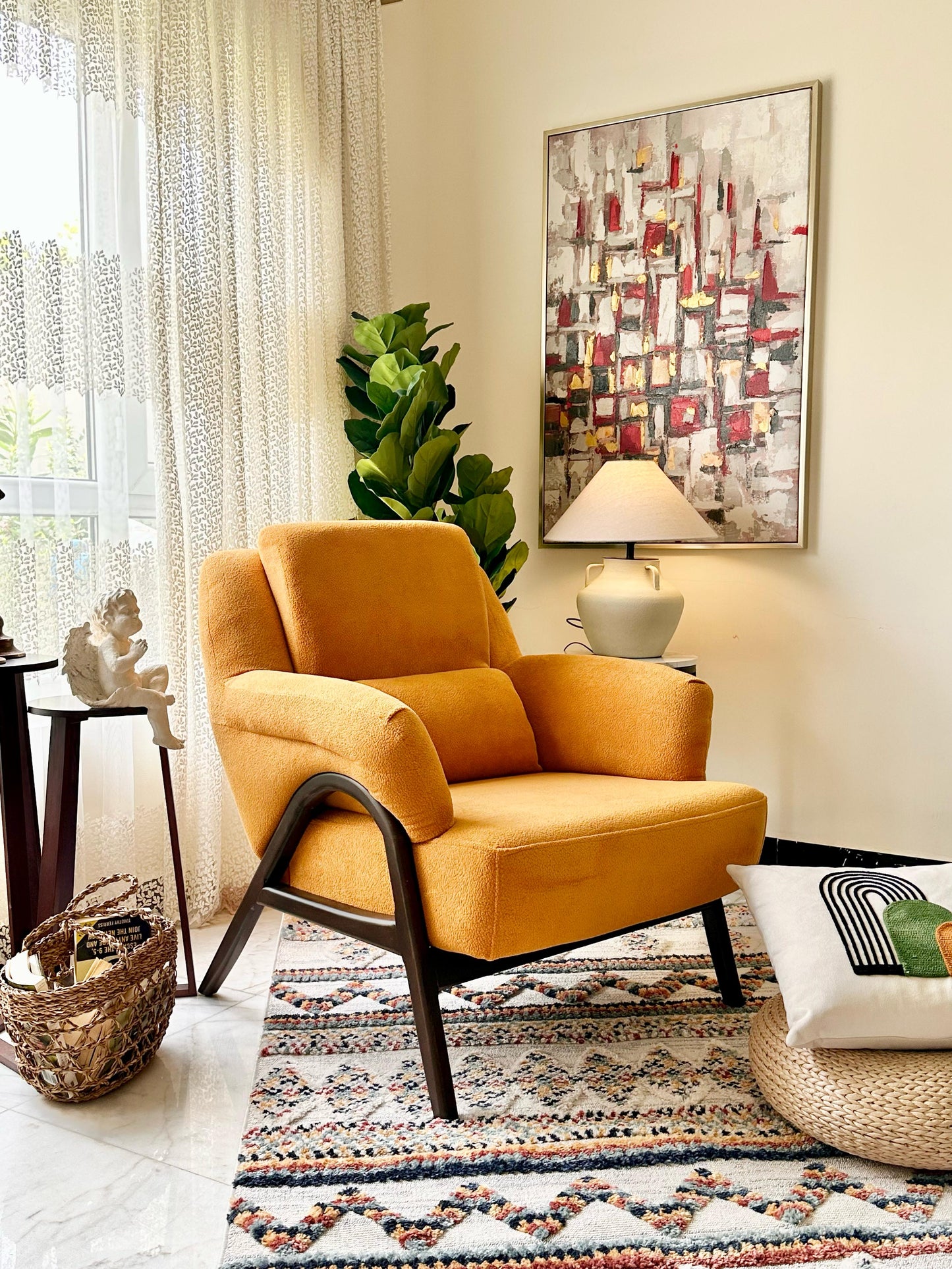 Modern Mustard Armchair with Dark Brown Wooden Legs