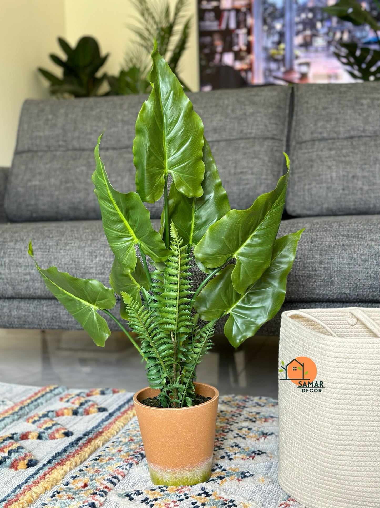 Tropical Leaf & Fern Artificial Plant in Rustic Clay Pot Artificial Plant CODE 2626