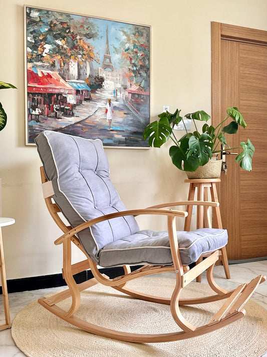 Scandinavian Rocking Chair – Natural Wood Frame with Padded Gray Cushion
